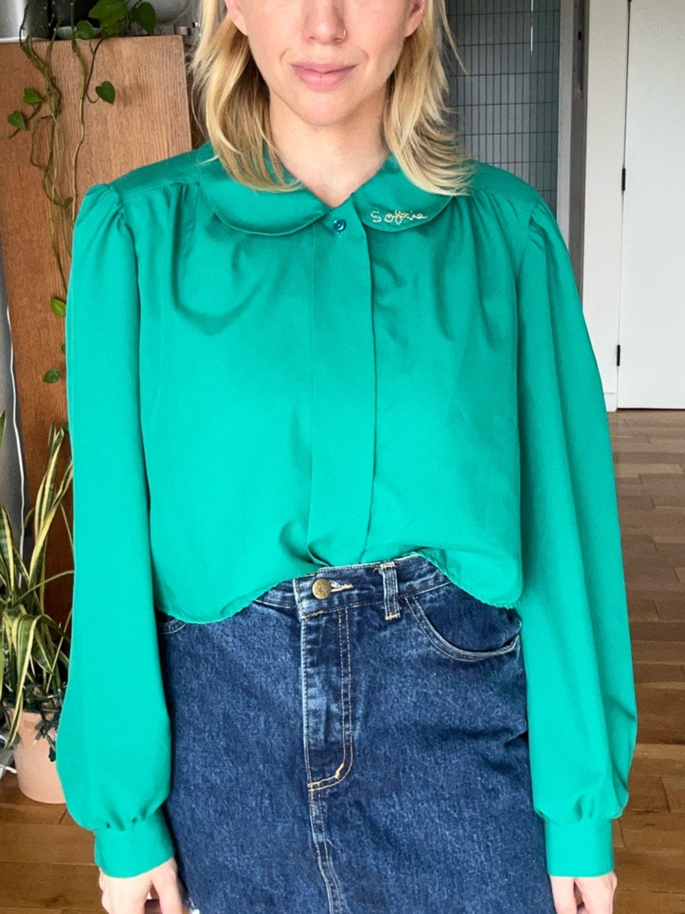 Vintage, Teal / Green Long-Sleeve Button Up “Softie” Embroidered Blouse